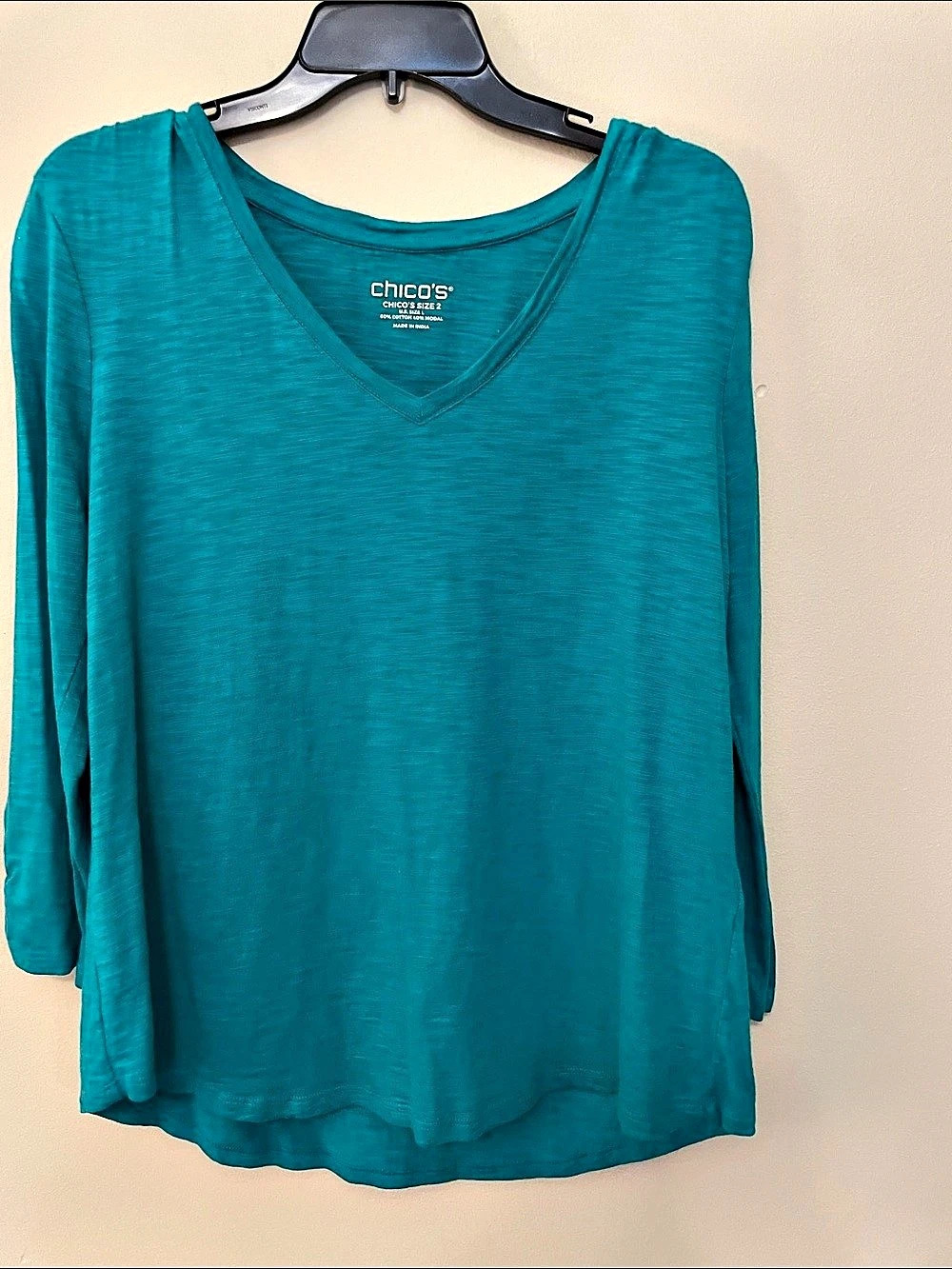 Chico's Cotton Slub V-Neck Tee 3/4 Long Sleeve Teal Size 2